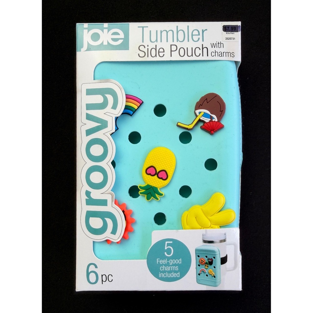 Joie Groovy Tumbler Side Pouch Teal Silicone Water Bottle Bag 5 Charms 6pc NEW